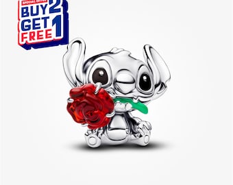 Disney Stitch Rose bedel van Muranoglas, zilveren bedel, bedels voor armband, bengelbedel meisje, patronusbedel, cadeau voor meisjes, Moederdagcadeaus