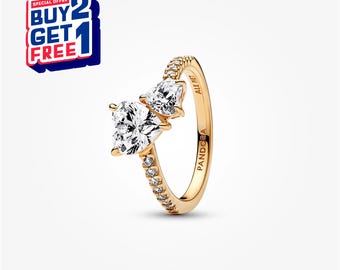 Bague scintillante double coeur, bague en argent, bague pendante, cadeau pour fille, bague minimaliste, cadeaux pour la fête des mères