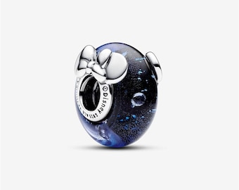 Mickey & Minnie Blue Murano Glass Charm, S925 Sterling Silver