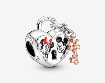 Charm de candado de Mickey y Minnie Mouse, colgante de plata de ley S925