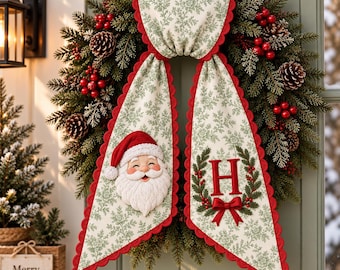 Personalized Embroidered Christmas Wreath Sash, Christmas Front Door Decor Gift, Santa Claus Embroidery Applique, Monogram Letter Wreath Bow