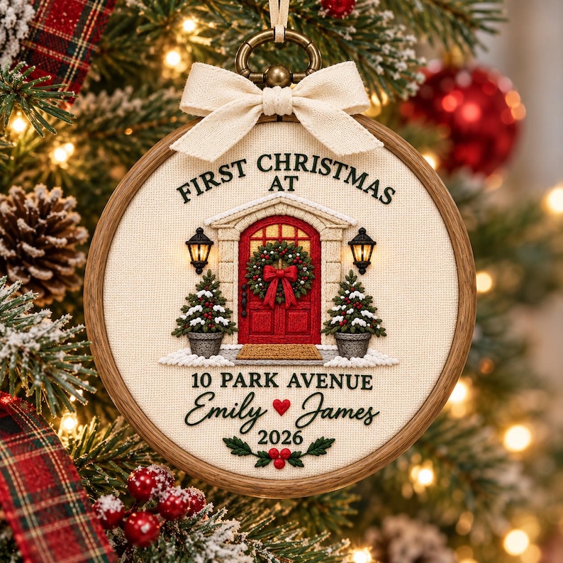 Hoop Cream Personalized Embroidered First Christmas in New Home Hoop Ornament ...