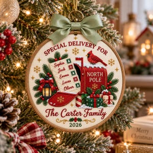 Può includere: Un ornamento natalizio rotondo ricamato con una cassetta delle lettere rossa del Polo Nord, una lista di nomi tra cui Sophia, Jack, Emma, Lucas e Oliver, un cardinale rosso, regali e una lanterna. Reca la scritta Special Delivery For The Carter Family 2026.