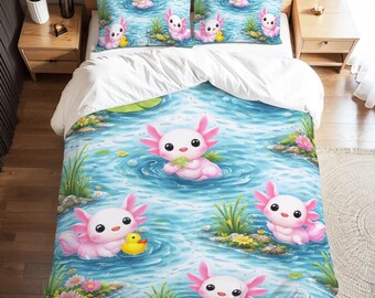Pink Axolotls Full Duvet Cover Set - 80-90 inch - 203-229 cm