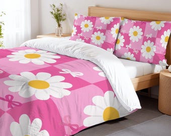 White Daisies & Pink Ribbons Full Duvet Cover Set - 80-90 inch - 203-229 cm
