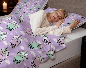 Kawaii Cartoon bubble tea cups Twin Duvet Cover Set 55"x79" - 140cm x 200 cm