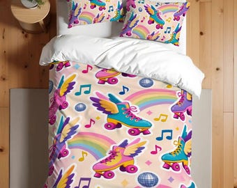 Roller Skates with wings Disco Music & Rainbows Single Twin Duvet Cover Set 172-218 cm - 68-86 inch