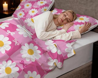 White Daisies & Pink Ribbons Twin Duvet Cover Set 55"x79" - 140cm x 200 cm