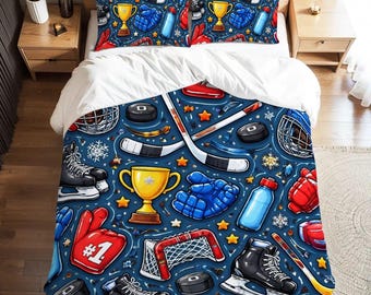 Ice Hockey Theme for Kids Full Duvet Cover Set - 80-90 inch - 203-229 cm