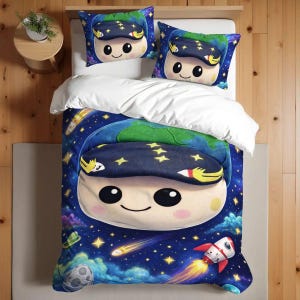 May include: A whimsical bedding set featuring a cartoon character with a blue and green earth-shaped hat, surrounded by stars, planets, and a rocket ship. The set includes a duvet cover and two matching pillowcases, all with a space theme.
