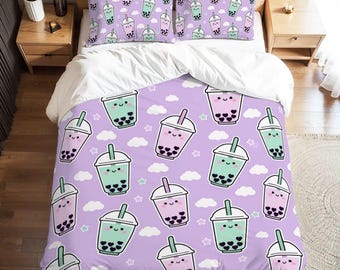 Kawaii Cartoon bubble tea cups Full Duvet Cover Set - 80-90 inch - 203-229 cm