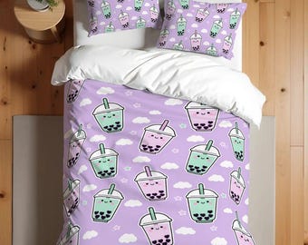 Kawaii Cartoon bubble tea cups Single Twin Duvet Cover Set - 68-86 inch - 172-218 cm