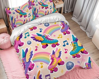 Roller skates with wings Disco Music & Rainbows Full Duvet Cover Set - 80-90 inch - 203-229 cm