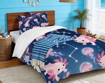 Pink Axolotls & Glowing Jellyfish Twin Duvet Cover Set 55"x79" - 140cm x 200 cm
