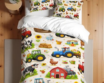 Tractor and Farming Animals Twin Duvet Cover Set   68"x86" - 172cm - 218 cm