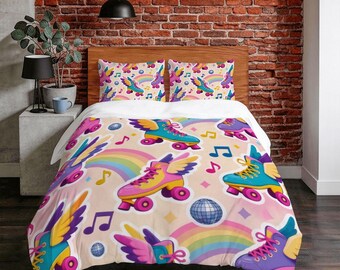 Roller skates with wings Disco Music & Rainbows Twin Duvet Cover Set 55"x79" - 140cm x 200 cm