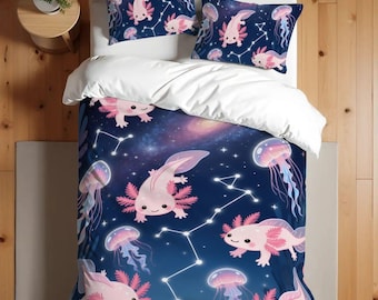 Pink Axolotls & Glowing Jellyfish Single Twin Duvet Cover Set - 68-86 inch - 172-218 cm