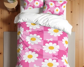 White Daisies & Pink Ribbons  Single Twin Duvet Cover Set - 172-218 cm - 68-86 inch
