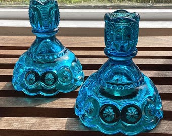 Vintage MCM Moon and Stars L.E. Smith Candleholders Pair Turquoise Blue