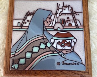 Azulejo de cerámica vintage pintado a mano de Cleo Teissedre para decoración de pared enmarcada