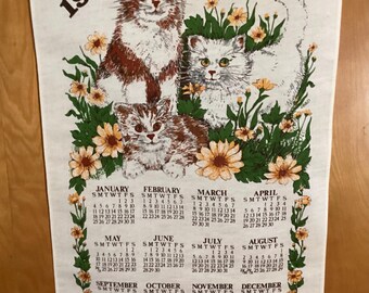 Vintage 1987 Linen Calendar Wall Hanging Kittens Cats Flowers Birthday