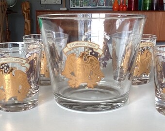 MCM Vintage Patriotic Barware Set 5 Piece  E Pluribus Unum 22K Gold Embossed