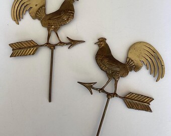 Vintage | Set of Two | Brass Roosters Figurines | Cocktail / Charcuterie Pick | Weathervane | Farmhouse Kitchen Decor