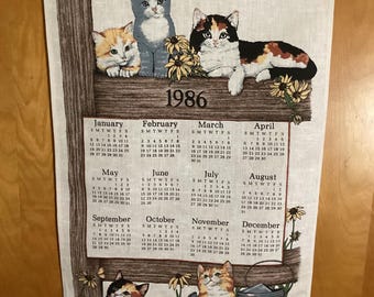 Vintage 1986 Linen Calendar Wall Hanging Kittens Cats Flowers Birthday