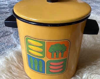 Olla esmaltada vintage de mediados de siglo con tapa