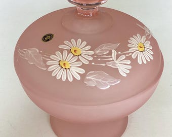 Vintage Westmoreland Pink Satin Glass Lidded Dish Handpainted Daisies