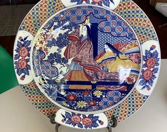 Vintage Japanese Geisha Decorative Plate with Stand Imari-Style