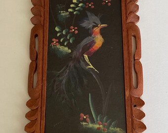 Vintage Mexican Folk Art Feathercraft in Hand Carved Frame