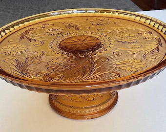 Vintage Indiana Glass Tiara Amber Sandwich Glass Pedestal Cake Plate