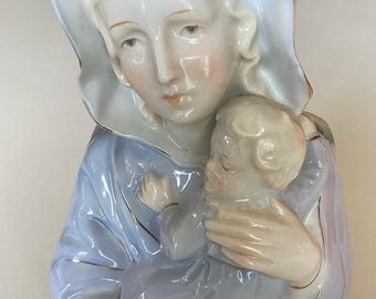 Maceta con figura de porcelana antigua de la Virgen con el Niño, Regiart, Japón
