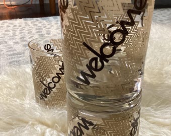 Vintage Cera Midcentury Lowball Glasses “Welcome” Groovy-Set of 4