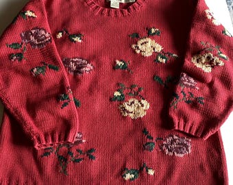 Vintage 1990’s Eddie Bauer Cotton Knit Crewneck Sweater Red Floral XL
