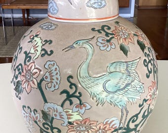 Jarrón de porcelana estilo chinoiserie vintage pintado a mano con grullas
