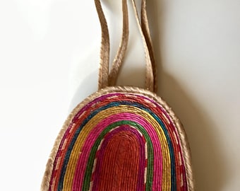 Bolso de hombro vintage tejido a mano con forma de arcoíris, México