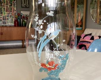 Vintage Handpainted Chinoiserie Hurricane Glass Candle Shade Aqua Glass Base