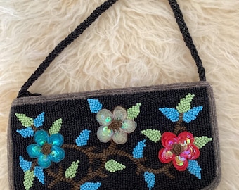 Bolso de noche vintage de seda con cuentas y estampado floral, lentejuelas en la muñeca