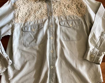 Vintage 90’s Cambridge Dry Goods Western Denim and Lace Shirt Size 12