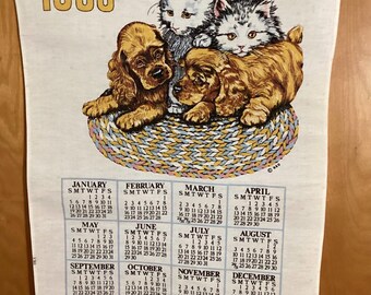 Vintage 1986 Calendar Linen Wall Hanging Kittens Puppies Birthday