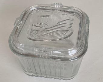 Vintage Clear Federal Glass Ribbed Refrigerator Box Embossed Vegetables 4" x 4"