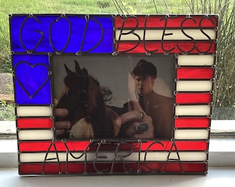 Handmade Stained Glass Patriotic Picture Frame Flag God Bless America