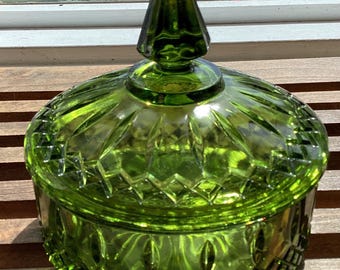 Vintage MCM Avocado Green Indiana Princess Diamond Glass Candy Dish with Lid