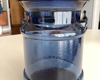 Vintage LE Smith Cobalt Blue Glass Milk Can Style Storage Jar Canister Lidded