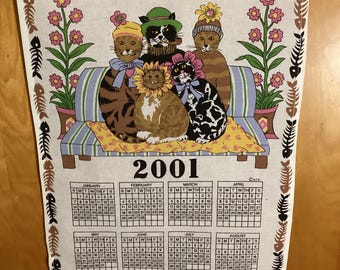 Vintage 2001 Linen Calendar Wall Hanging Kittens Cats Fish Birthday