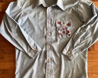 Vintage 70’s Chambray Handpainted Long Sleeve Shirt Bread Large Button Down
