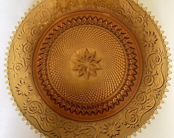 Vintage Tiara Amber Sandwich Glass Round Serving Platter
