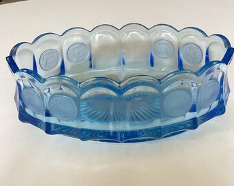 Vintage Fostoria Aqua Blue Coin Pattern Oval Dish Patriotic